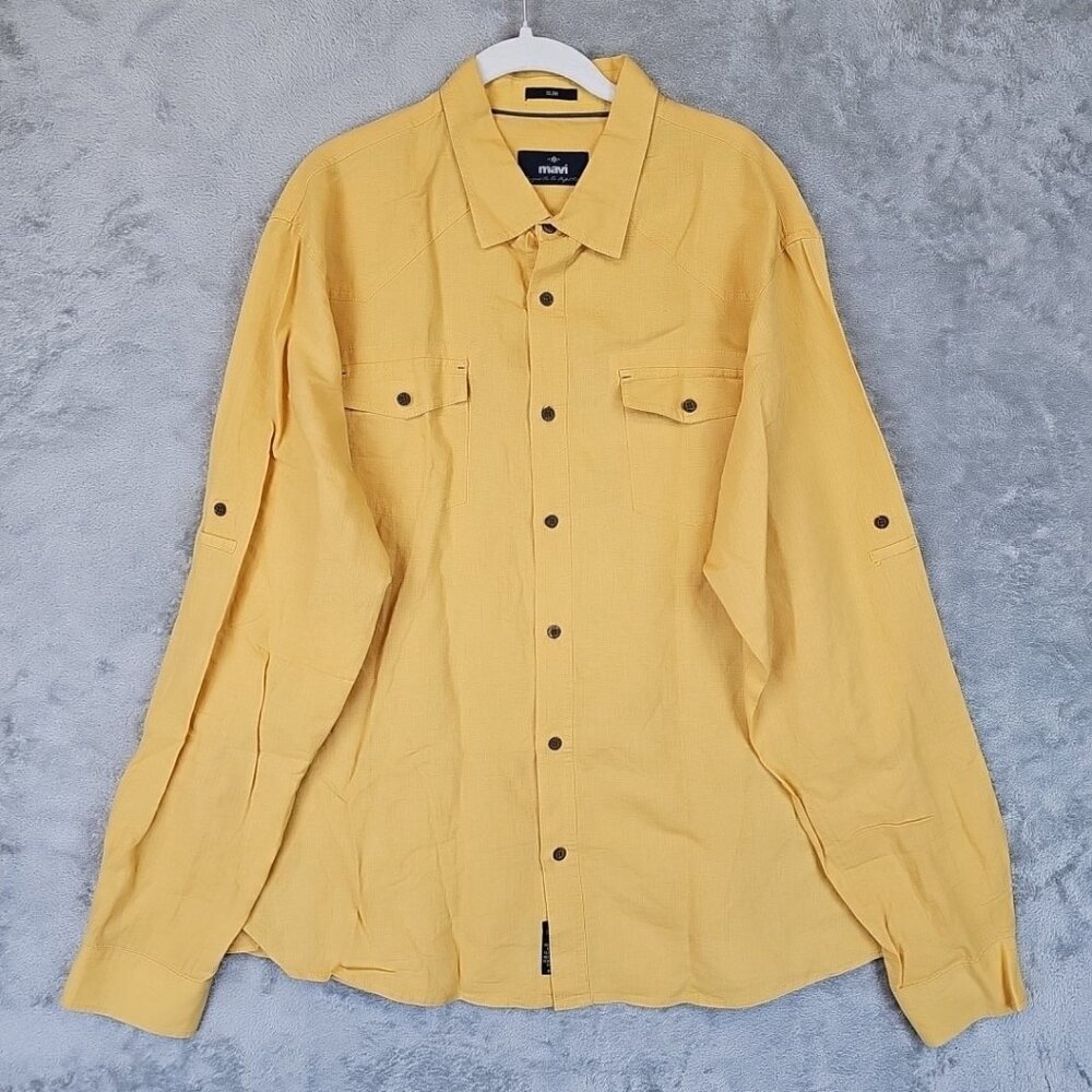 Mavi Slim Fit Shirt Mens Size XXL Yellow Linen Cotton Roll Tab Sleeve Button Up